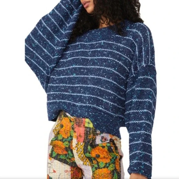 Free People NWT Starlight Blue Striped Cotton Blend  Heavy Knit Sweater - Picture 2 of 14